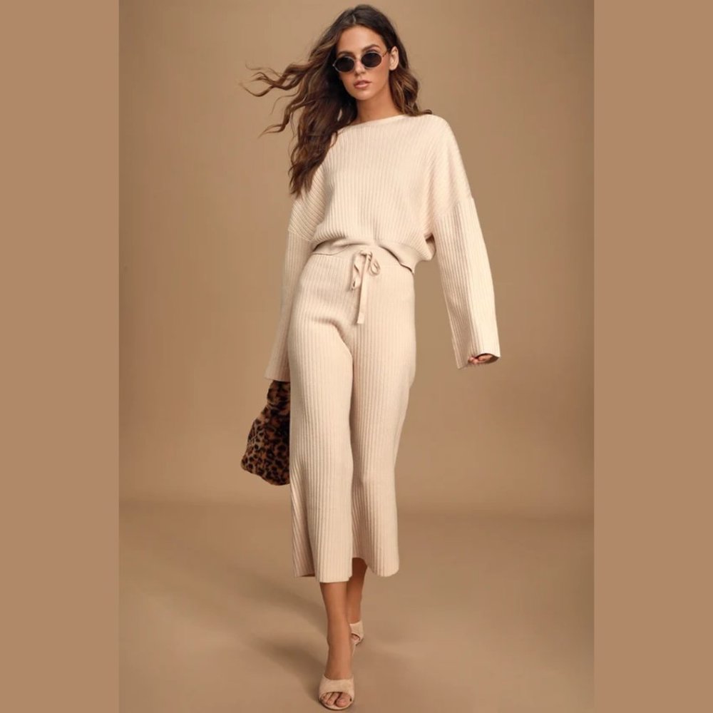 NWT Lulu's Snuggly Style Cream Ribbed Knit Cropped Sweater XL